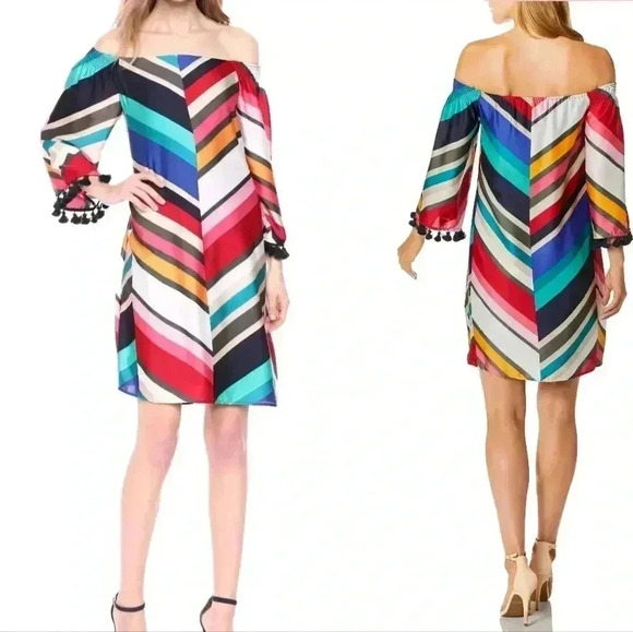 Trina Turk Amaris Off Shoulder Chevron 3/4 Bell Sleeve Shift Dress Colorful M - Picture 1 of 13